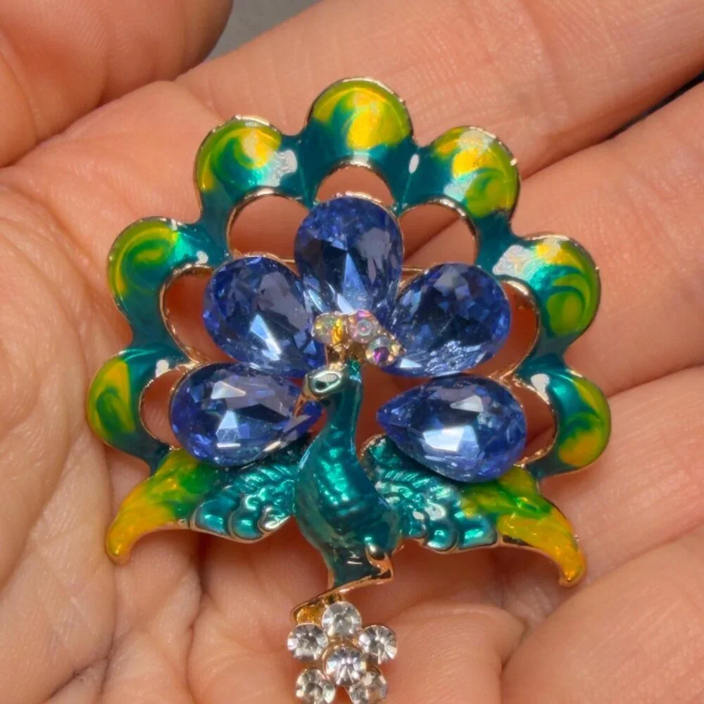 Peacock Brooch Blue Rhinestone Enamel Statement Pin – 1.75”
